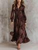 European American Retro Print V-Neck Zipper Long Sleeve Waist-Cinching Dress