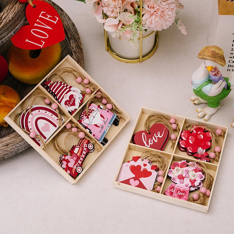 12Pc Valentine Hangings Wood Holiday Decoration Love Flower Valentine Ornaments Valentine'S Day Decorative Love Envelope Pendant