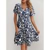 Women's Navy Blue Leaf Print Fit And Flare Dress Summer Casual V Neck Short Sleeve A Line Flowy Sundress