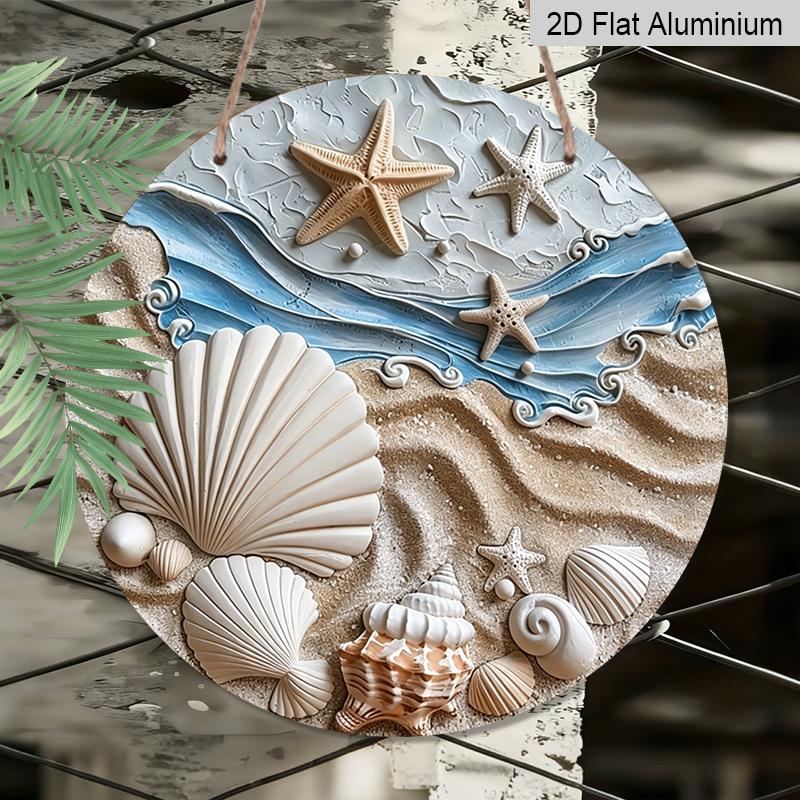 2D Flat, 1pc Round Aluminum Metal Sign Beach Starfish Shells Print Metal Sign, Waterproof & Rustproof, Perfect for Nautical Home, Beach House