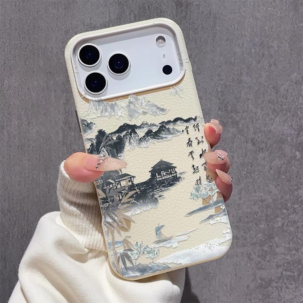 Chinese Style Poetry Pattern Phone Case For iPhone 17 16 15 14 13 12 11 Pro Max Plus 17 Air XS Max X XR Lychee Texture Cover