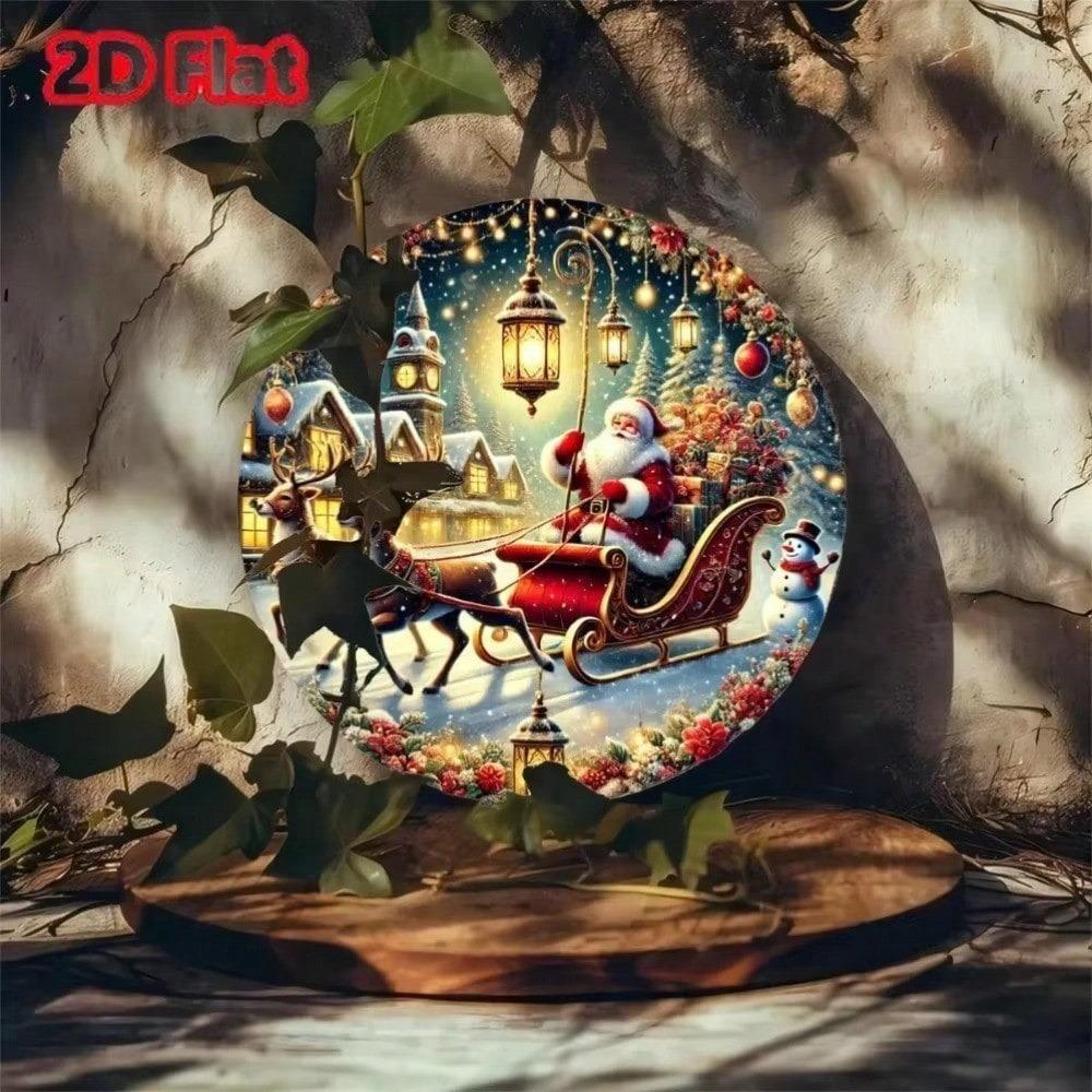 Vintage Christmas Metal Wall Sign Round Santa Reindeer Holiday Home Decor Art