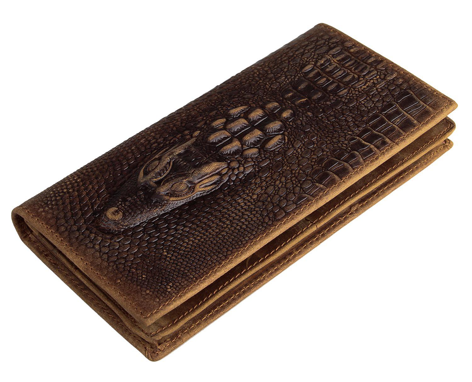 Crocodile Patterned Skull Pattern Genuine Leather Wallet, Retro Crazy Horse Leather Long Wallet, Genuine Leather Wallet