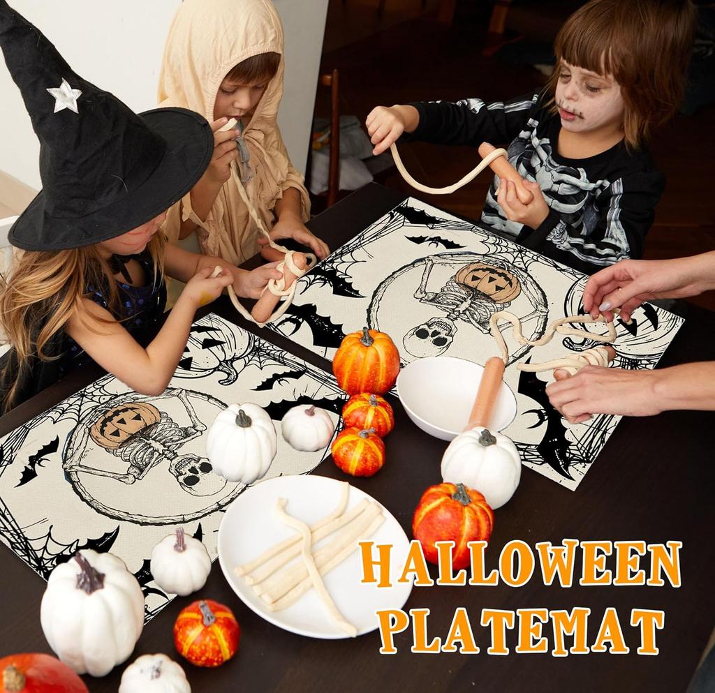 Halloween Skeleton Placemats Set of 4, 12x18 Inch Pumpkin Bats Table Mats, Washable Heat Resistant Place Mats for Kitchen
