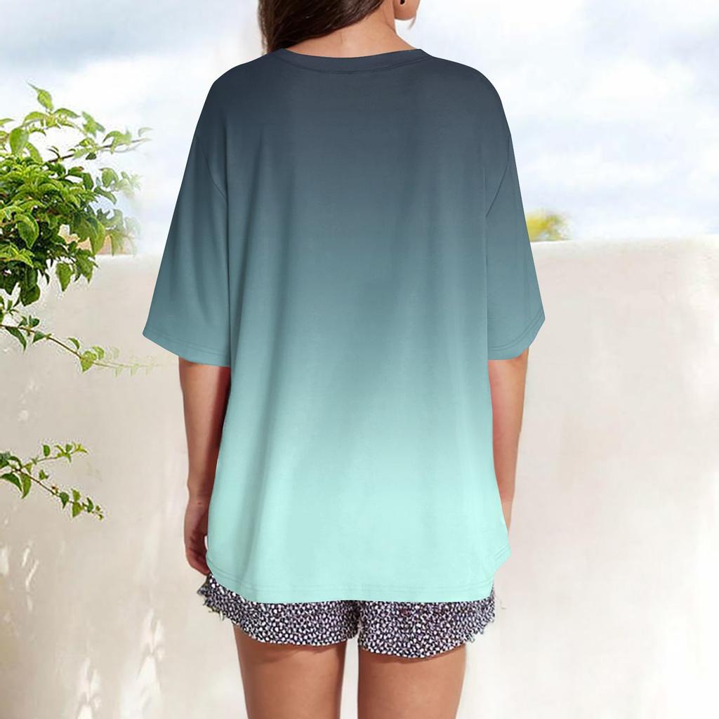 Modische Farb-T-Shirts für Damen Sommer Kurzarm-Tops Lockerer Schalkragen Blusen-Tops