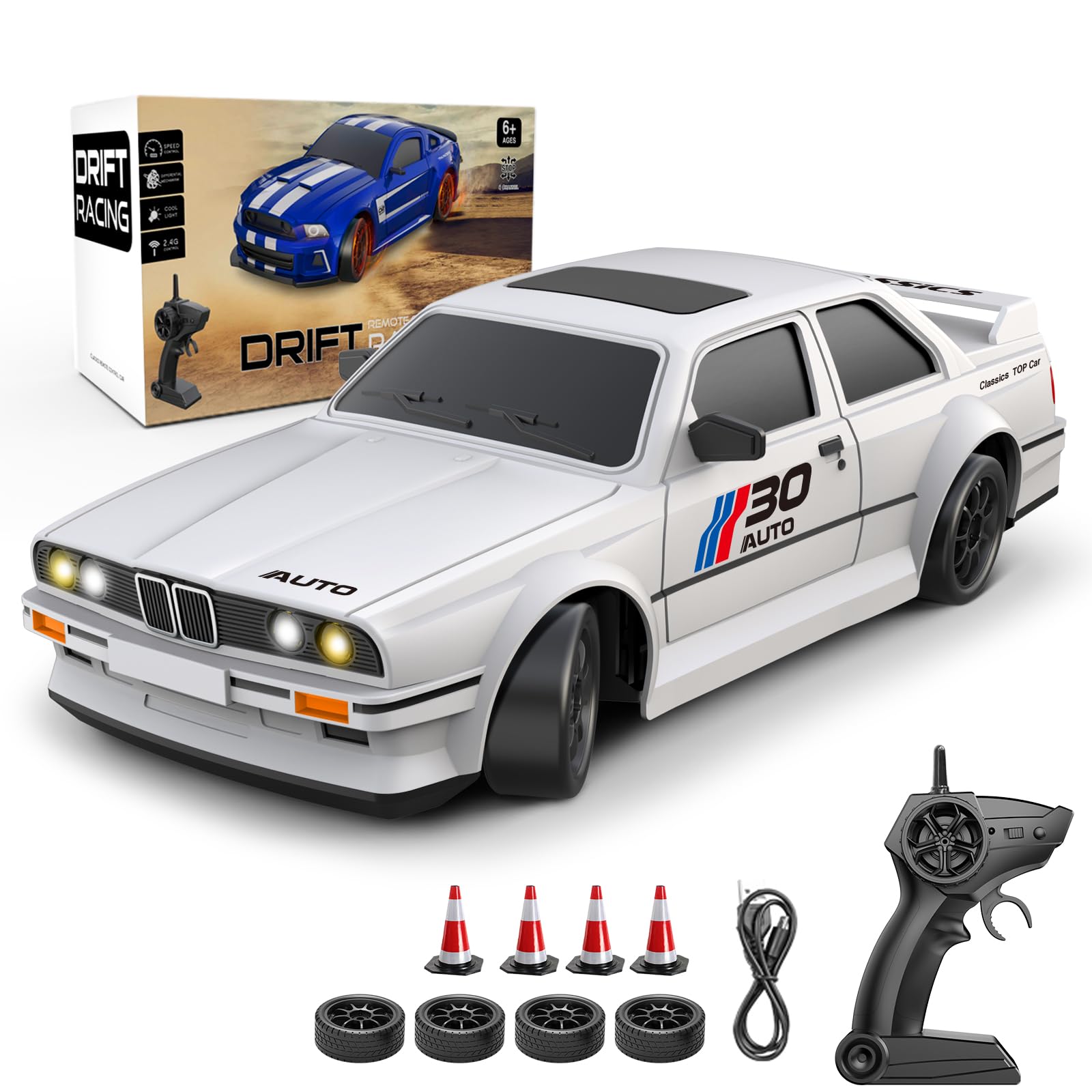 

Carox OX91 масштабна RC дрифт-машинка з і запасна, ідеально підходить як подарунок для дітей та (Білий), 1/24 2,4 ГГц Швидкість 15 км/год, Повний привід, Акумуляторний, Шина,