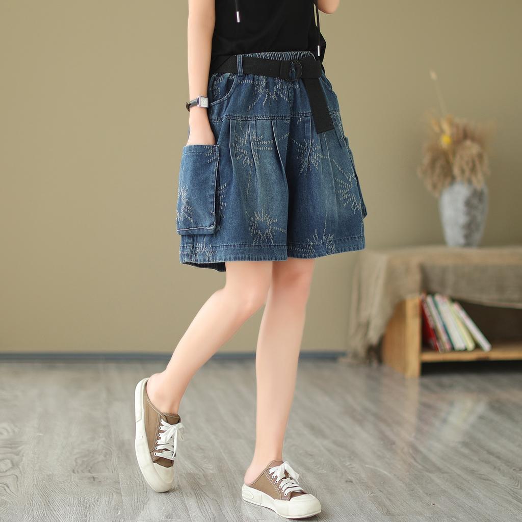 Without Belt Women's Summer Fashion Loose Pockets Denim Shorts Female Print Wide-leg Jeans Shorts Ladies High Waist Short Pants