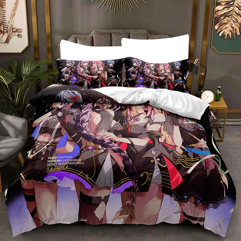 G-Genshin Impact Game Gamer Cartoon Comforter Bedding Set,Duvet Cover Bed Set Quilt Cover Pillowcase,King Queen Size Bedding Set