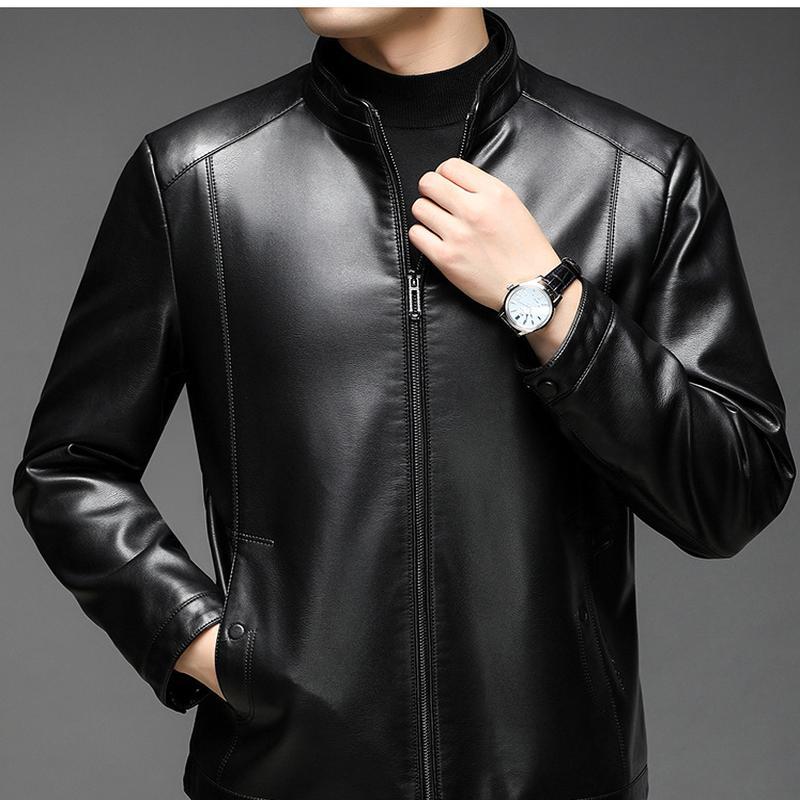 Plush Leather Jacket for Men's Autumn and Winter New Stand Collar Soft Leather Jacket Jacket for Middle-aged Men's Loose Casual Leather Jacket