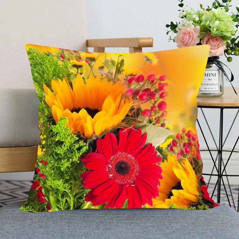 Neuankunft Gerbera Blumenkissenbezug Schlafzimmer Home Office Dekorative Kissenhülle Quadratisch Reißverschluss Kissenbezüge Satin Weich Kein Ausbleichen