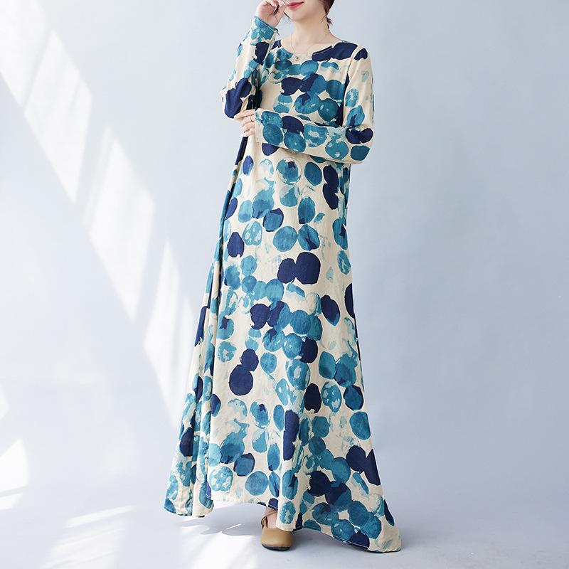 Real spring new literary large size loose printing round neck long sleeve dress women's long dress