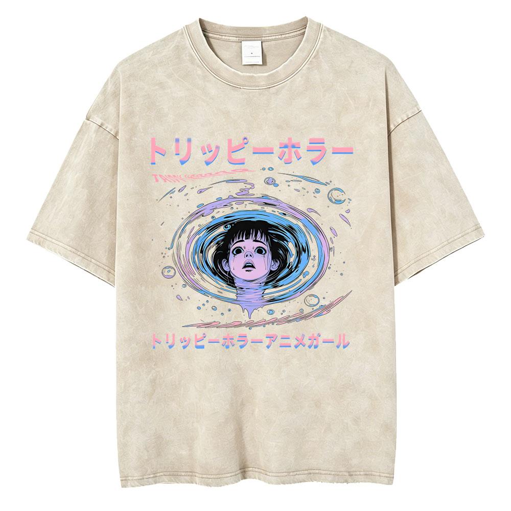 Unisex Washed Vintage Horror Anime Junji Ito Uzumaki Graphic T-shirt Men Women Manga Retro Oversized T Shirt Y2k Casual Cotton T-shirts