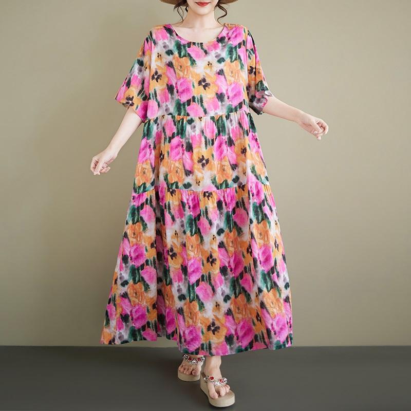 Short Sleeve Plus Size Vintage Floral New In Dresses for Women Casual Loose Long Summer Dress