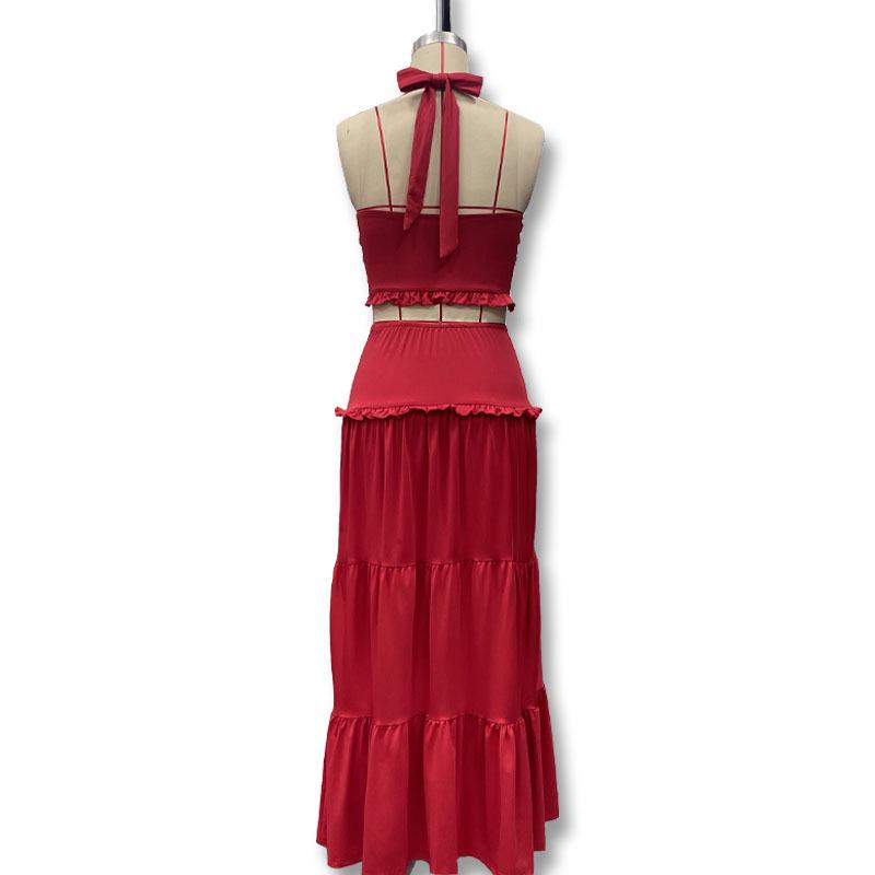 European & American Style Women's V-Neck Halter Camisole and Ruffle Skirt Set