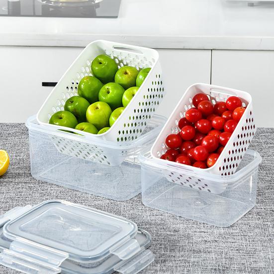 3PCS Crisper Box Airtight Food Storage Containers with Removable Drain Basket Stackable Meal Prep Containers for Fruits And
