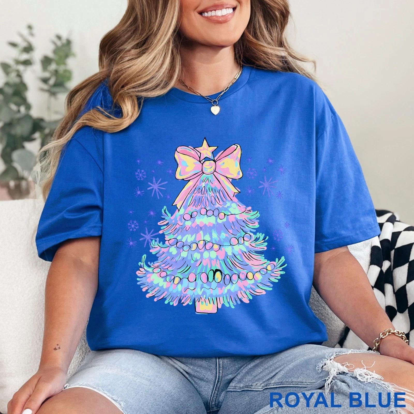 Pastel Holographic Christmas Tree Shirt, Coquette Christmas Tree Shirt, 203704 2XL