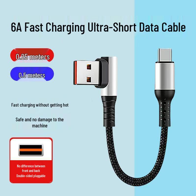 0,25 m Vinkel Type-C Superrask Ladekabel – 0,5 m Bil-/Datakabel for Powerbanks og Mobilspilling