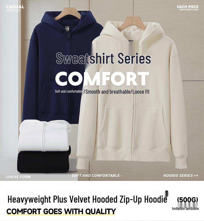Men's Heavyweight Velvet Crewneck Sweatshirt - Thick Lambswool-Style, Loose Fit, Solid Color, Unisex, 500g.