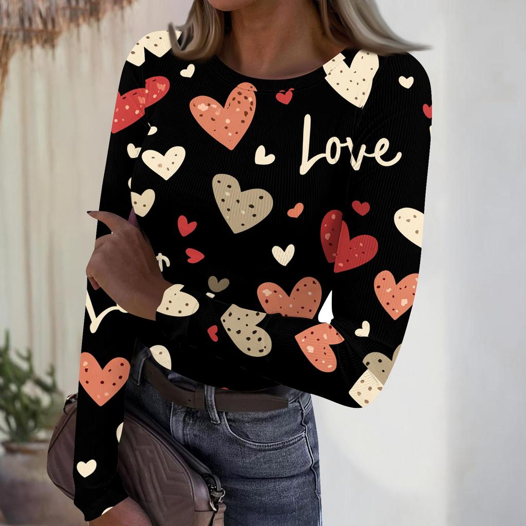 Women's Casual And Fashionable Round,neck Long,sleeved Ribbed Top With Valentine's Day Print.