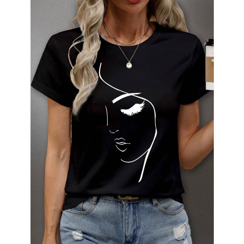 Summer Round Neck 3D Facial Depiction Pattern Print Top Fashionable Casual Short Sleeved Women's T-shirts