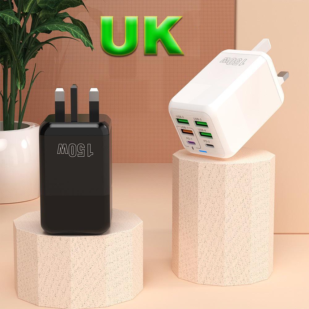 150W Multi-port Fast Charger: 4 USB + 2 PD Ports for EU, US, UK - 5V/2.4A