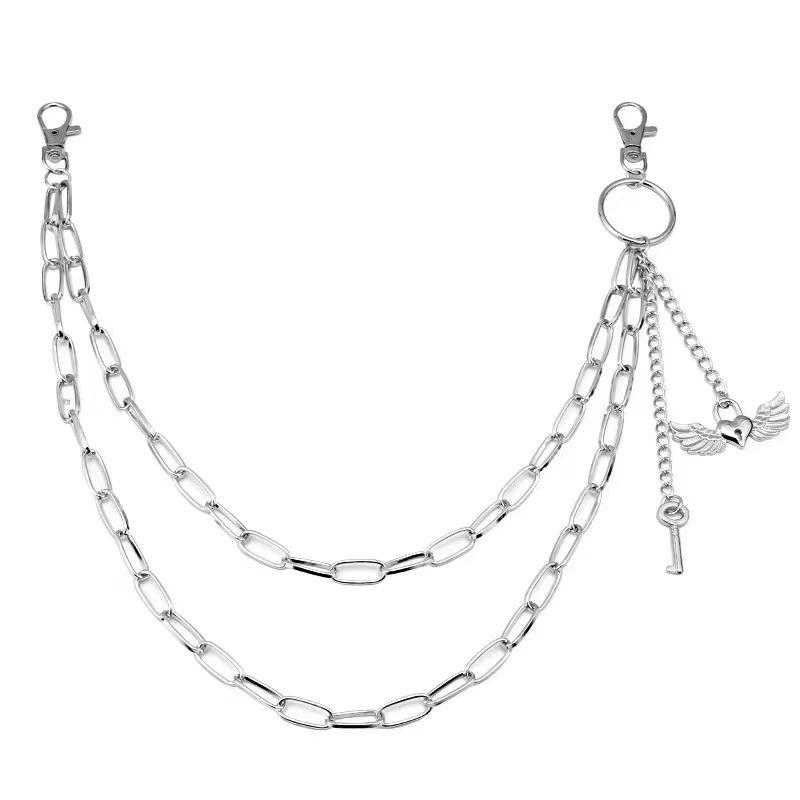 Versatile Hip Hop Street Style Jeans Waist Chain with Heart, Wing, and Key Lock Pendants