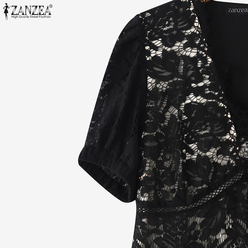 ZANZEA Women Summer V-Neck Casual Short Sleeve Patchwork Lace Dress