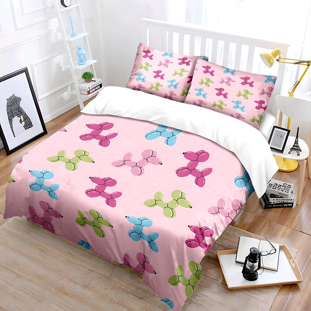 Balloon Dogs Pattern Pink Background Bedding Set For Kids Luxury Gift 3Pcs Digital Print Comforter Set Soft Comfortable