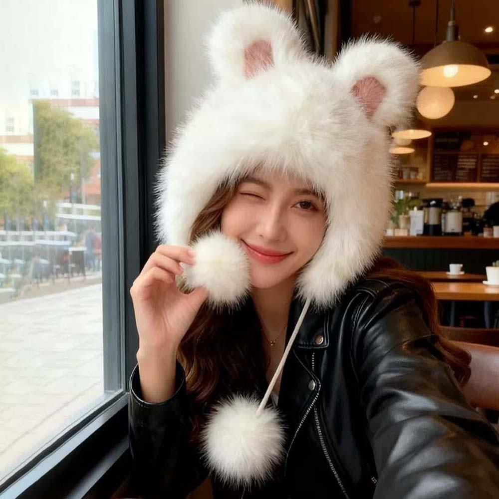 Windproof Winter Plush Hat Cartoon Ear Protection Cap Lei Feng Cap Rabbit Ear Warmer Hat Women