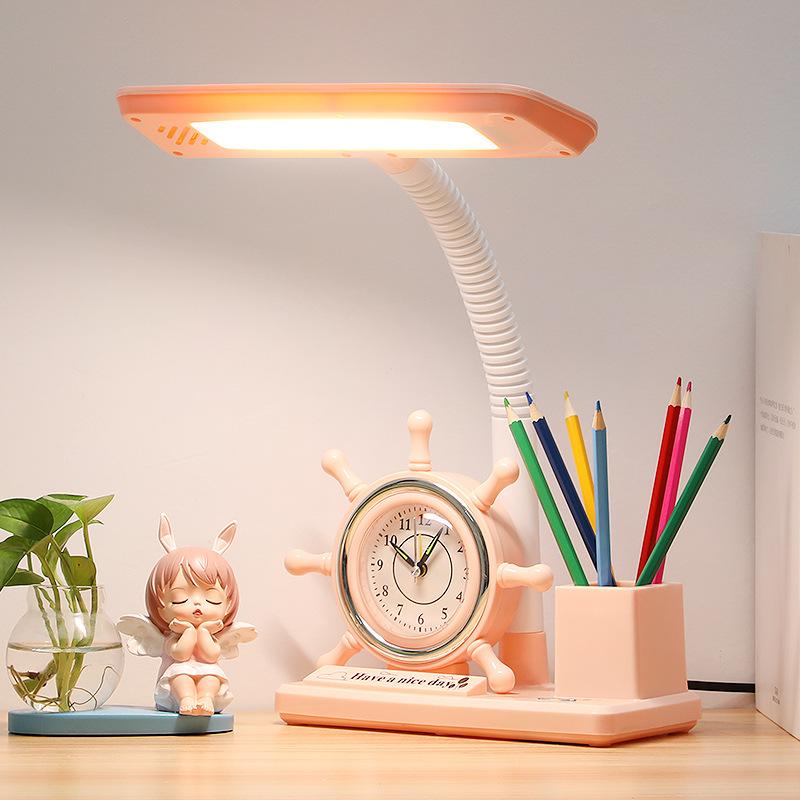 Children's Study Desk Lamp with Eye Protection, Clock, Pen Holder, and Large Light Source