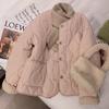 Women's Autumn Winter Pink Quilted Coat, Fleece Cuff Thick Warm Button Down Lined Cotton Outerwear