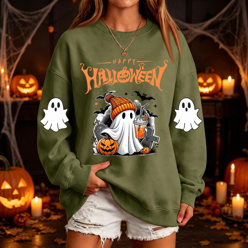 Women's Fashion Casual Halloween Print Neck Pullover Sweatshirt