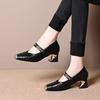 Square head shallow thick heel single shoes autumn new metal chain soft leather medium heel small leather shoes