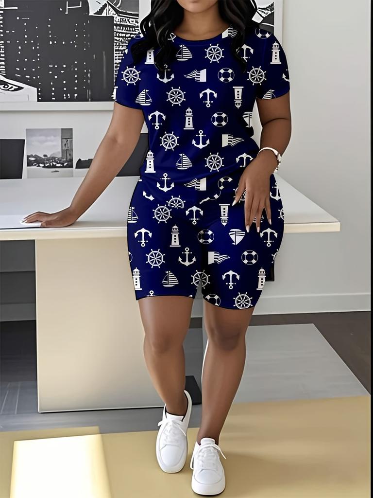 Striped code European and American women's clothing checkered printing T-shirt shorts set sports suit