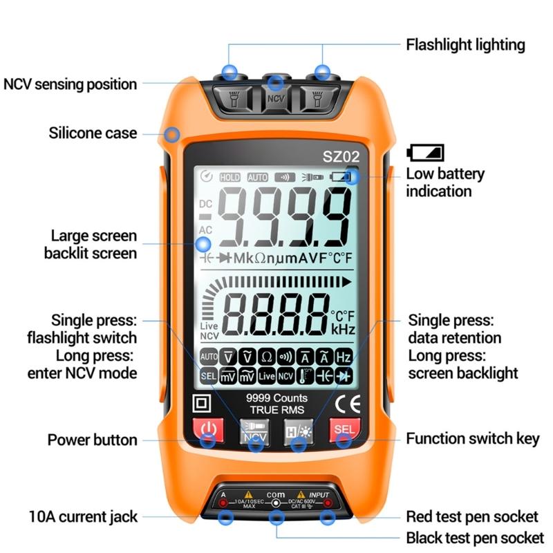 Digital Multimeter Voltage Current Resistance Tester with Flashlight NCV for Measuirng AC/for DC Voltage Current Frequen