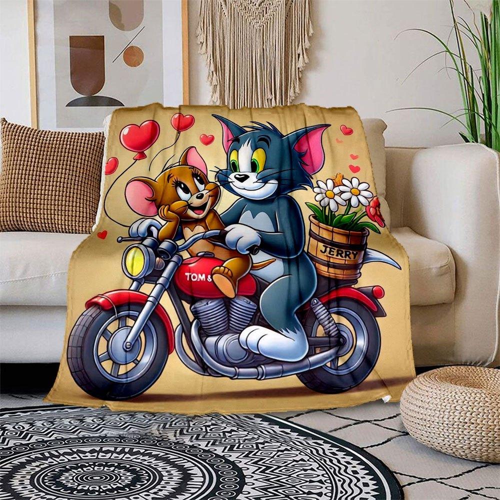 

Tom & Jerry Love Ride Motorcycle Wall Art Print Blanket Flannel Throw Blanket for Sofa, Bed, Travel, Camping, Office 100x150cm