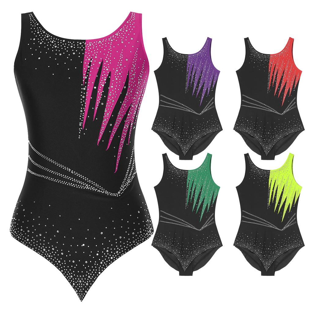 Women Shiny Rhinestone Ballet Dance Leotard Rhythmic Gymnastics Athletic Activewear Competition Costume Sheer Mesh Bodysuit