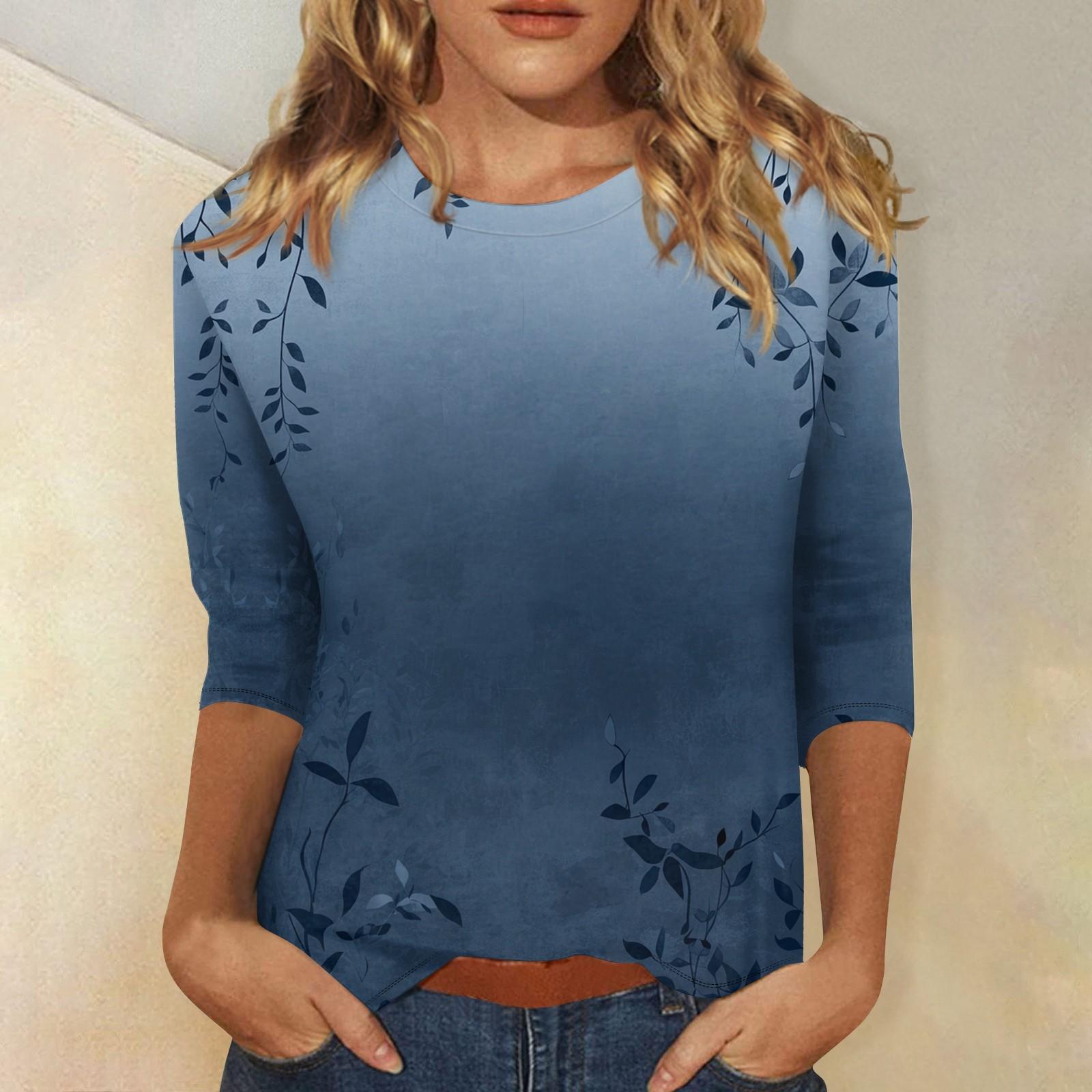 

3/4 Sleeve Tops For Women T-Shirt Casual Print Tops T Shirt Round Neck Pullover Blouse XXXL