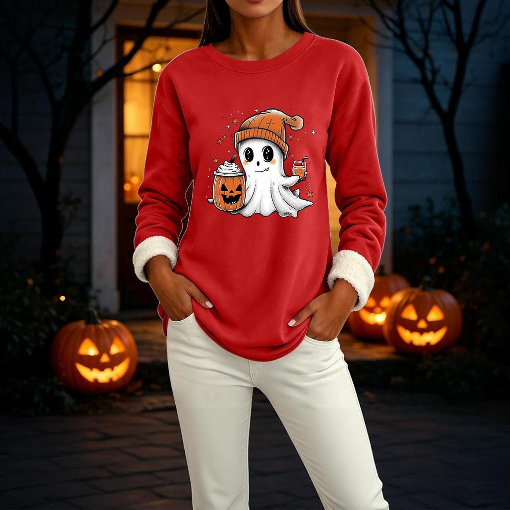 Women's -Lined Long Sleeve Crewneck T-Shirt with Halloween Print for Winter Casual Wear