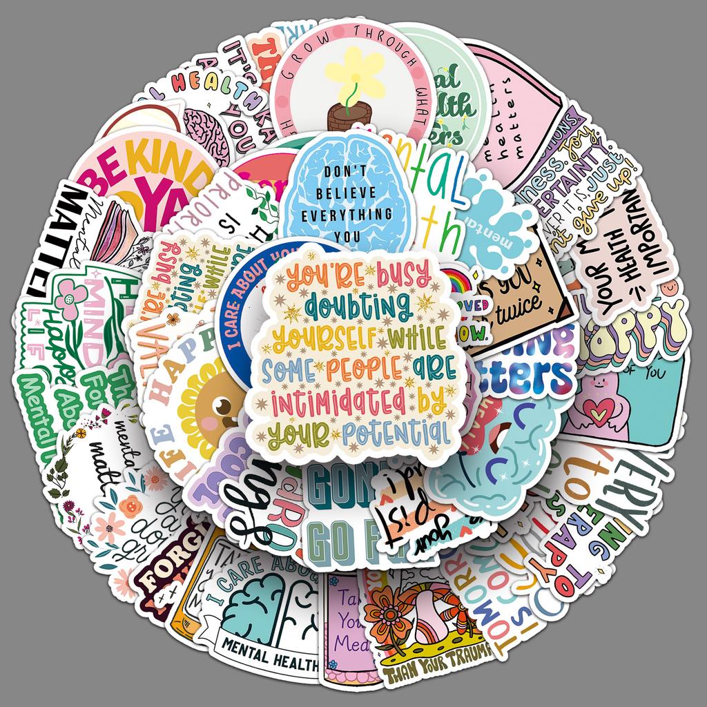 50 Mental Health Doodles Personalized Prevention of Depression English Slogan Decorative Mobile Phone Case Suitcase Stickers