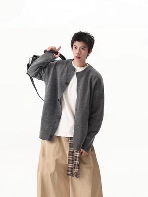 2025 Men's Autumn Winter Knit Cardigan Sweater - Fake Two-Piece Design, Solid Color Patchwork Trend.