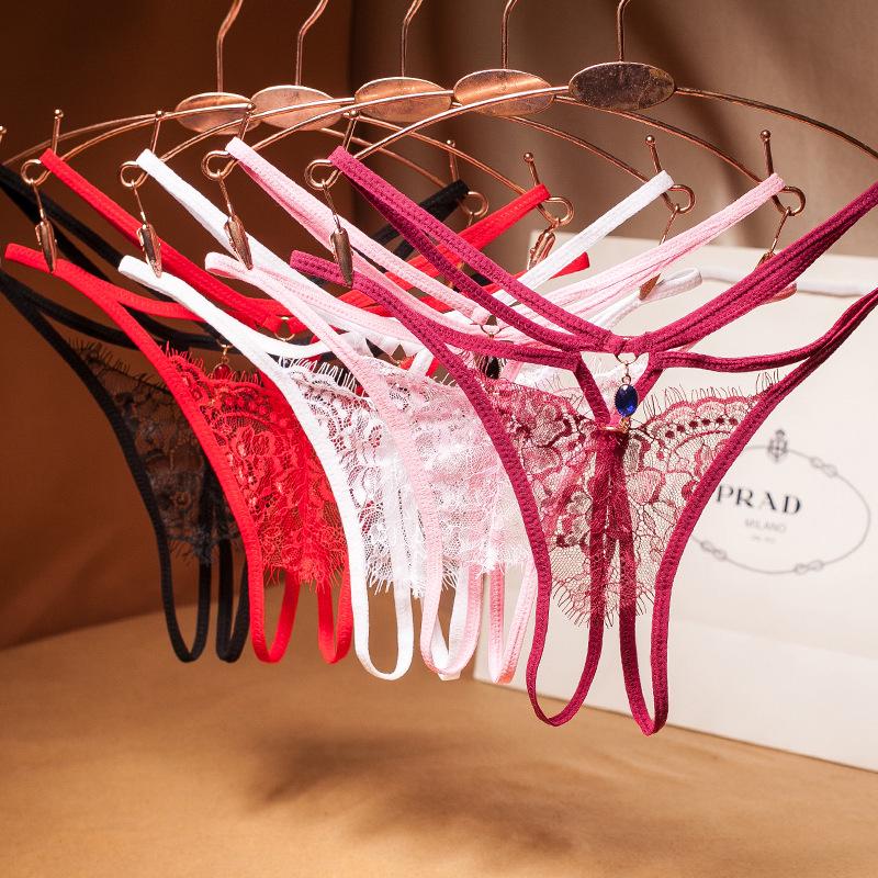 T-back Sexy Eyelash Lace Crotchless Rhinestone Panties - Low-Waist Transparent Lingerie for Women