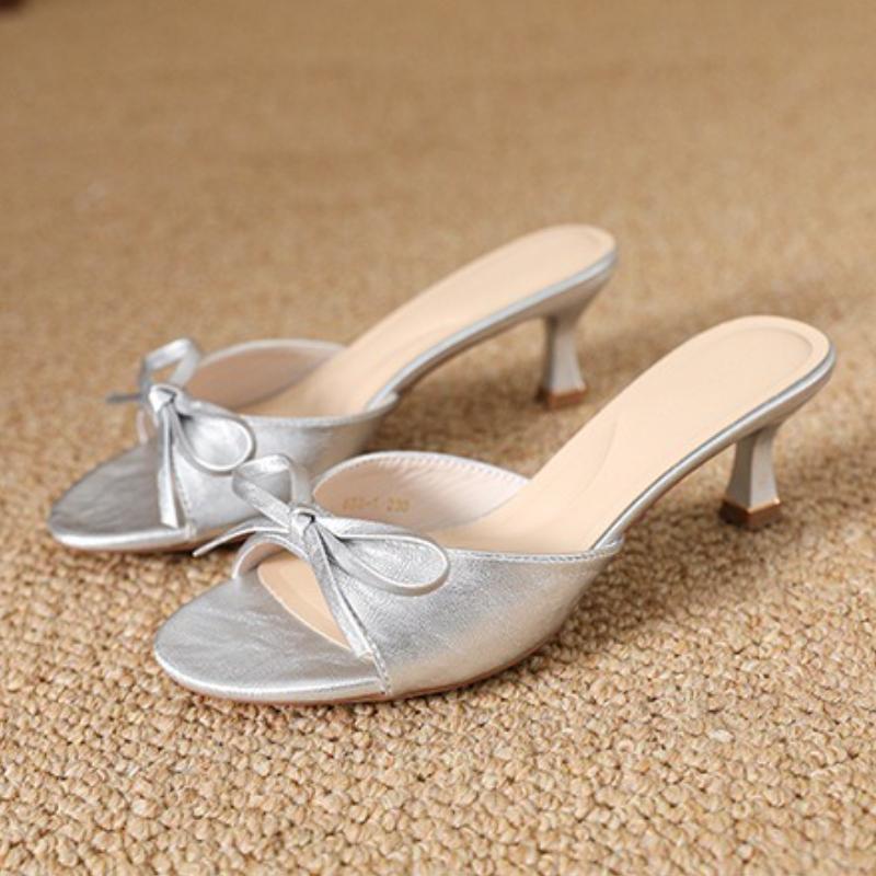 

Fashion Sweet Butterfly-knot Slipper Women Elegant Round Toe Kitten Heel Slide Sandal Fashion Shallow Open Toe Brand Designer Dress Shoe 35 серебряный