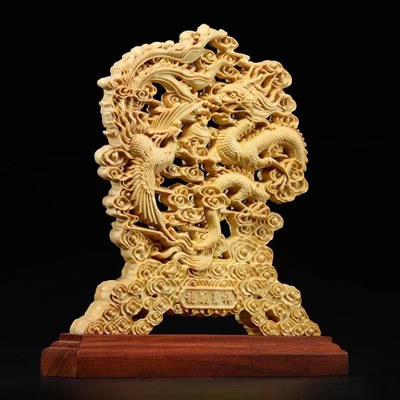 Wood Carving  Dragon, Phoenix Decorative Statue Chinese Mascot Mythical Beast Home and Office Decoration Ornaments