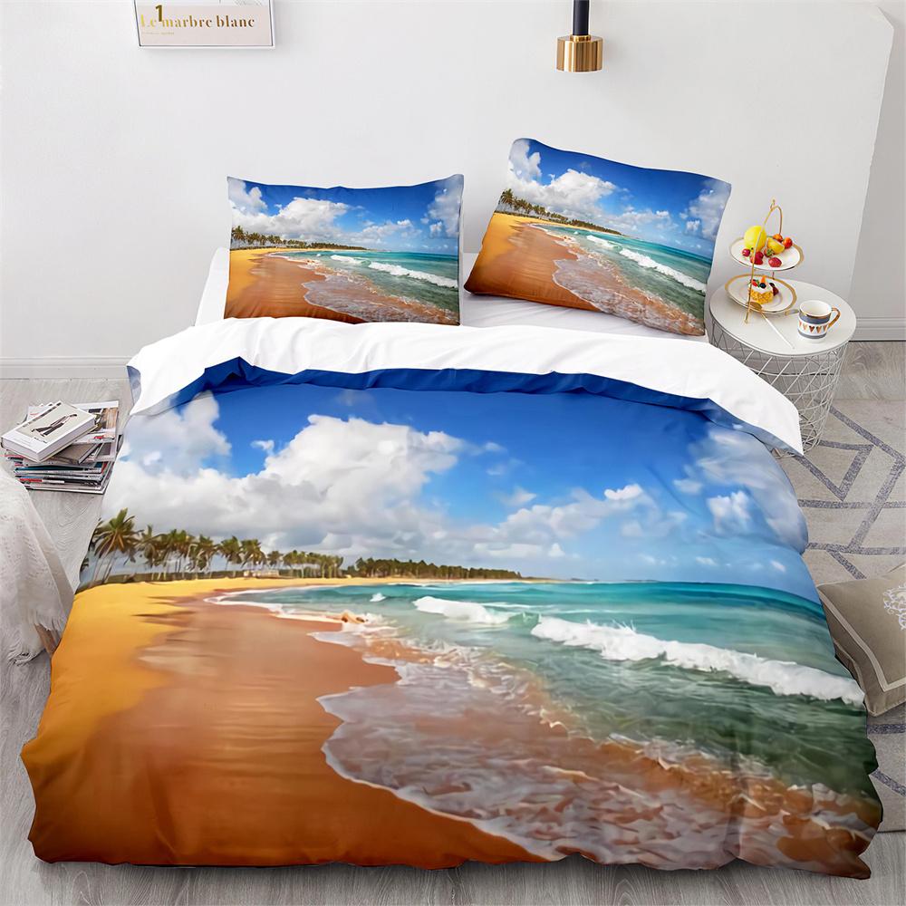 Beach Ocean Duvet Cover Set Sunset Hawaiian Waves Comforter Cover Tropical Island and Sea Beach Nature Polyester Bedding Set