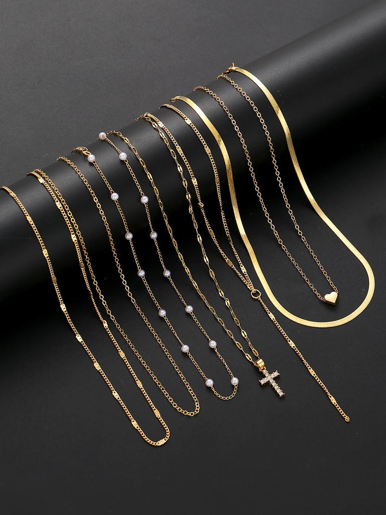 Set di 7 Collane Eleganti Boho Colore Oro per Donne Vintage Cuore Perla Zircone Multistrato Lungo Gioielli per Uso Quotidiano Nuovo