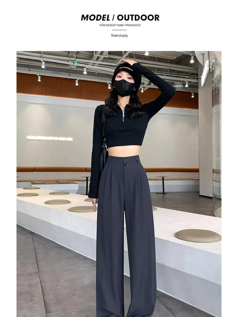 Petite Drapey High-Waisted Slimming Double-Button Pants for Women - Spring/Autumn