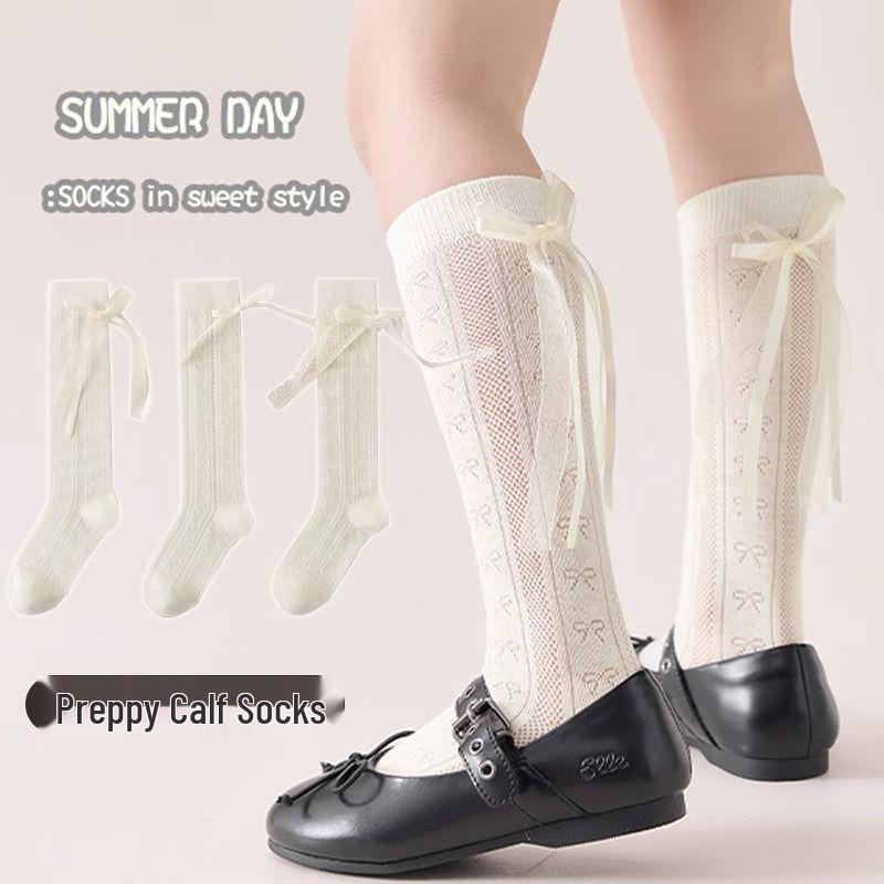 Summer Mesh Bow Knee-High Cotton Socks for Girls - Lolita Style