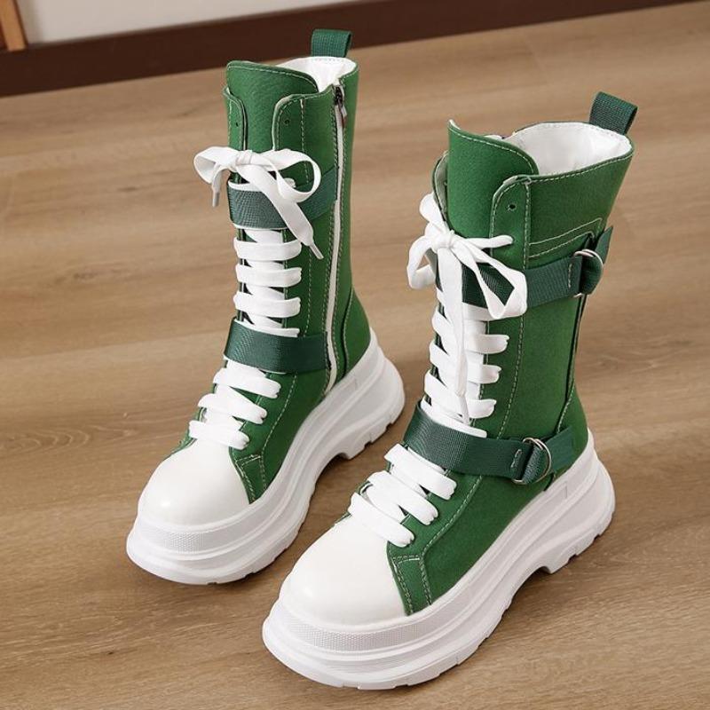 Canvas Chunky Platform Women's Boots Lace-Up Side Zipper Modern Boots Woman Thick Bottom Non-Slip Ankle Booties Bota Feminina
