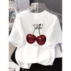 European Size Women's Happy Cherry Cherry Print Short Sleeve T-Shirt - White Relaxed Fit Round Neck Blouse with Happy Cherry Logo